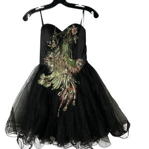 Black dress ,sz 6, sequin,peacock,fairy,whimsigoth,chiffon,
Retro,feminine,EC